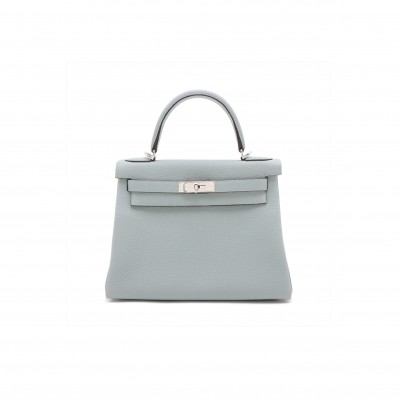 HERMÈS KELLY 28 TOGO BLUE GLACIER SILVER METAL FITTINGS (28*22*10cm) 